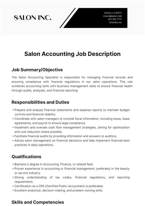 Free Salon Accounting Job Description Template to Edit Online