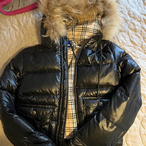 burberry blue label puffer jacket with fur hood😼 no... | Depop