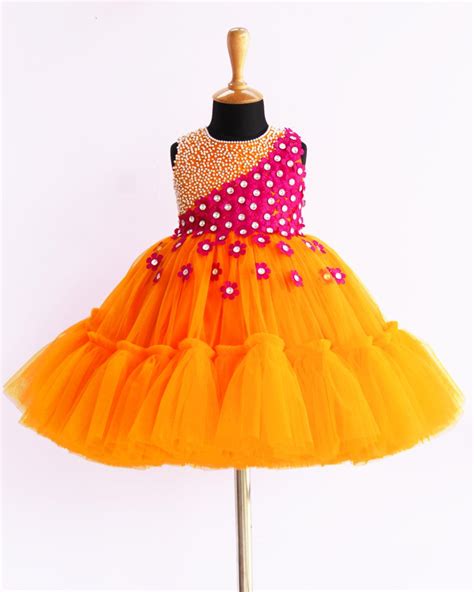 Mango Yellow & Magenta combo Handwork Flower Frock – Stanwells Kids