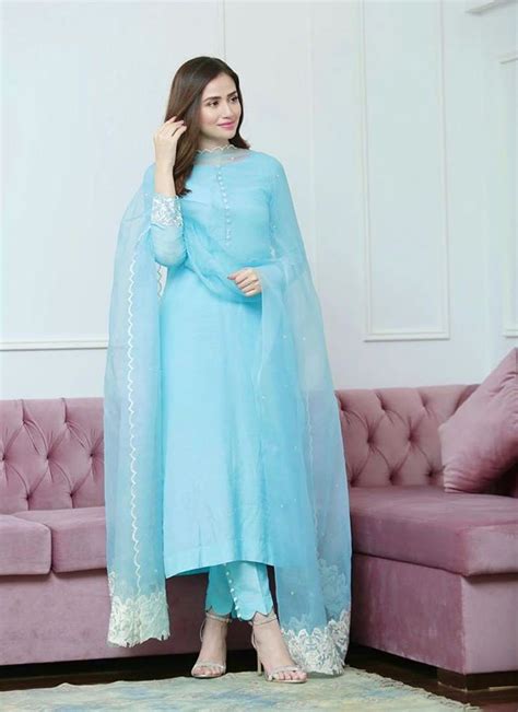 Sky Blue Designer Salwar Kameez in Pakistani Style - Clothsv