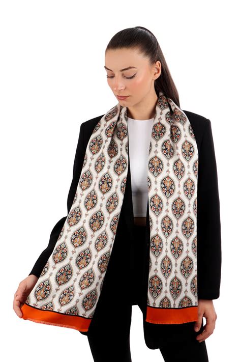 Orange Hatai Pattern Narrow Silk Foulard