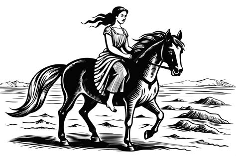 Black and white engraving of woman riding horse in the sand beach ...