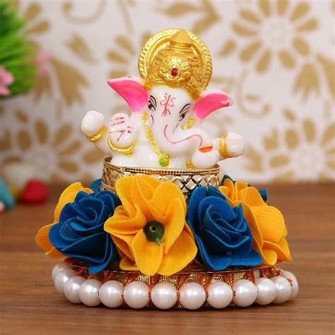 Lord Ganesha Idol on Decorative Handcrafted Plate with Yellow and Blue ...