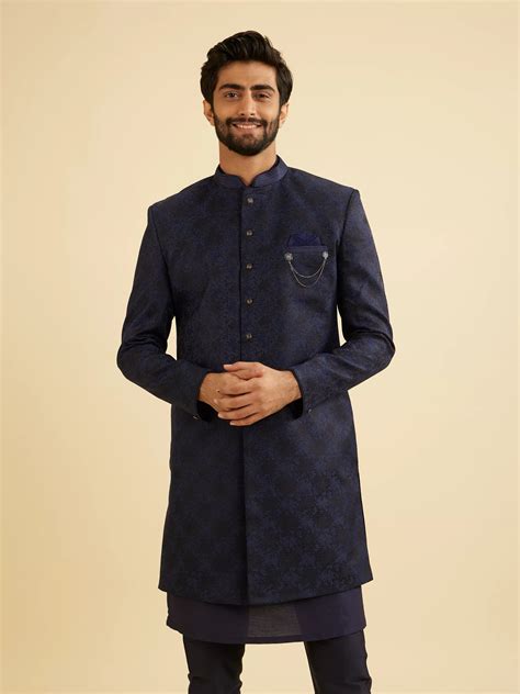 Buy Navy Blue Bel Buti Patterned Indo Western Set Online in India ...
