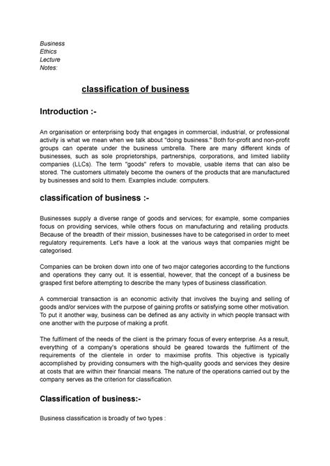 Classification of business - Business Ethics Lecture Notes ...