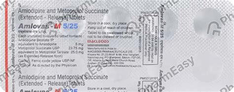 Amlovas M 5/25mg Strip Of 10 Tablets: Uses, Side Effects, Price ...