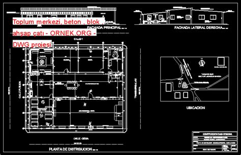 Toplum merkezi, beton , blok , ahşap çatı dwg projesi - Autocad Projeler