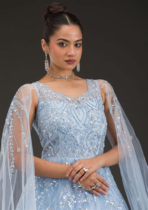 Buy Sky Blue Stonework Net Gown - Koskii