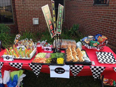 Food Table for Race Car Birthday Party | Checkered flag party decor ...