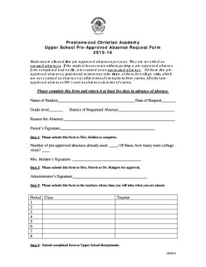 Fillable Online prestonwoodchristian Upper School PreApproved Absence ...