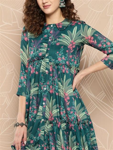 Women Floral Printed Ruffle A-Line Midi Dress Inddus.in