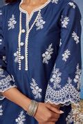 Mulmul Cotton Moon Light Navy Kurta With Floral Organza Pyajama White