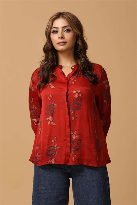 Buy Madder Ajrakh Rose Print Modal Mandarin Collar Shirt