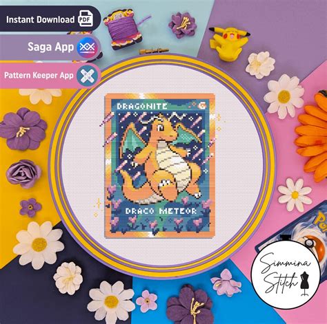 Pokemon Card - Dragonite - Cute Dragon Gaming Floral Cross Stitch ...
