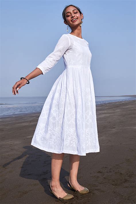 Buy Okhai Shanza Embroidered Pure Cotton White Chikankari Dress Online ...