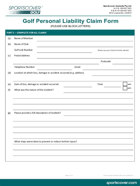 Fillable Online Golf Equipment & Personal Liability Claim Form Fax ...
