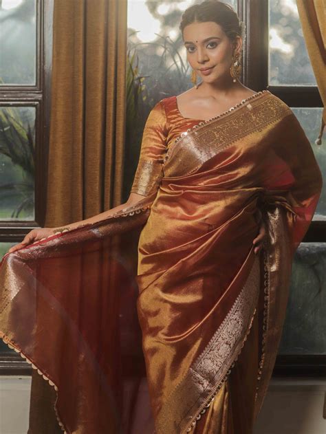 Banarasee Handwoven Plain Tissue Saree Zari Border With Lace-Rust