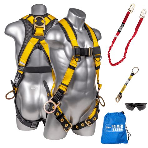 Palmer Safety Fall Protection Safety Harness Kit I 5pt Full Body, 6' Single Lanyard, 18" D-Ring ...