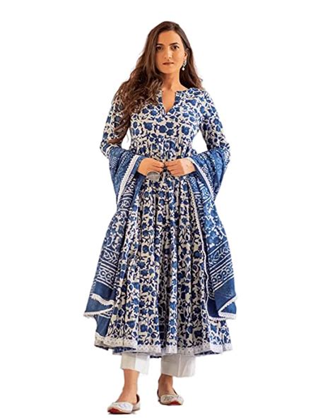 Buy MEERA FAB Women's Cotton Printed Blue Anarkali Kurta With Palazzo ...