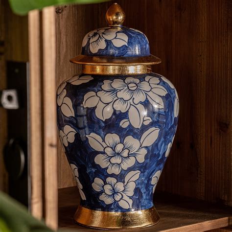 Hand painted Blue and White Flower Ginger Jar