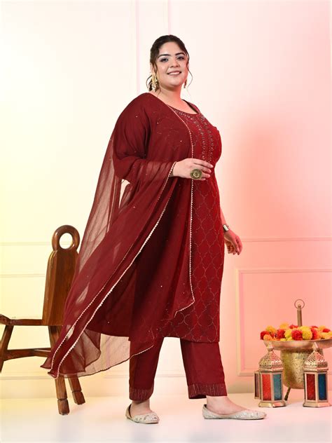 Plus Size Maroon Ceroski Kurta Set with Dupatta – DESINOOR.COM