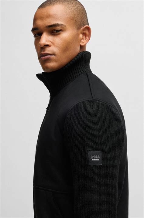 BOSS - Equestrian faux-suede jacket with knitted trims - Black