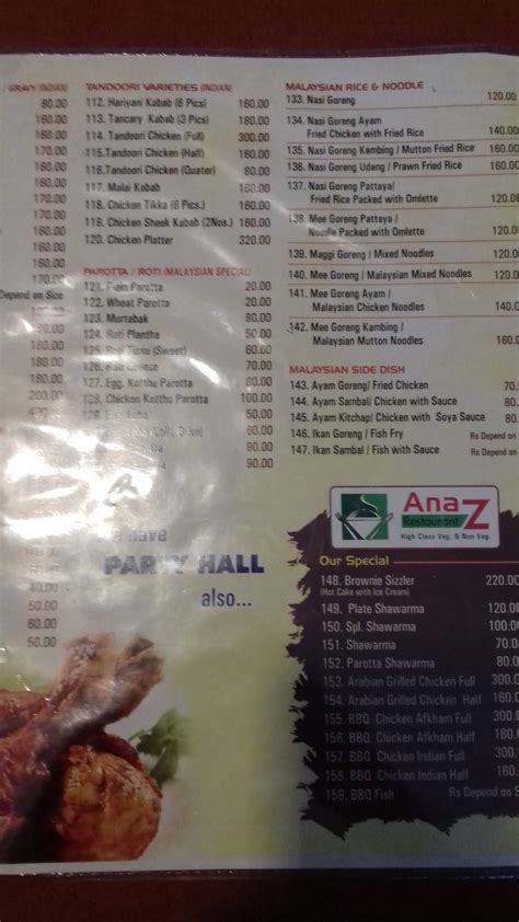 Menu at Anaz Restaurant, Kumbakonam