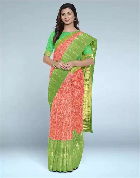 Orange Paisley Silver Zari pure pattu Saree – South India Shopping Mall