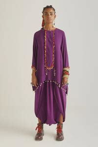 Buy Purple Natural Crepe Cowry Shells Round Mitra Kurta And Draped ...