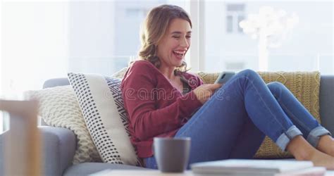 Happiness, Couch and Phone, Woman Laughing at Meme on Social Media ...