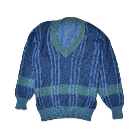 VINTAGE Mens V-Neck Jumper Sweater 3XL Blue Striped... - Depop