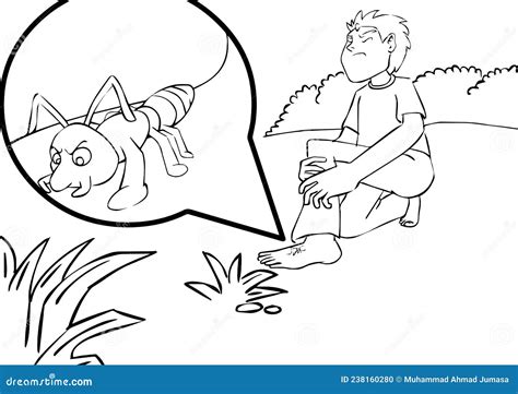 An Ant Bites The Foot Of A Farmer Coloring Page. Vector Illustration ...