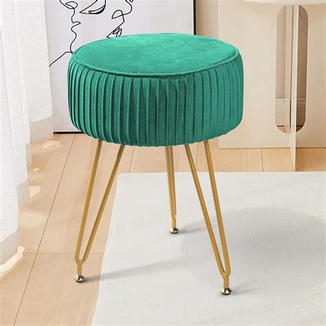 ECOMEX Velvet Round Ottoman with Metal Legs, Upholstered Pleated Round ...