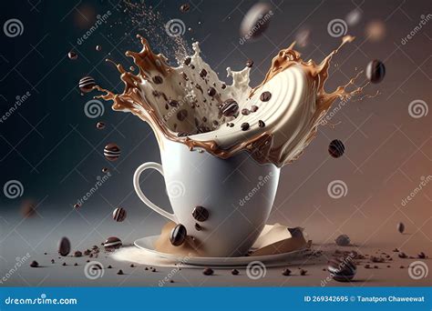 Café En Tasse Avec Chute De Splash Et Vapeur. Boissons Du Matin Avec ...