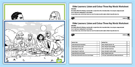 Older Learners: Listen and Colour Three Key Words Worksheet