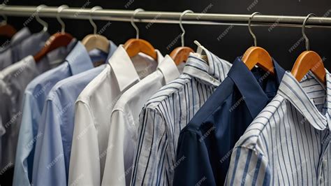 Premium Photo | A row of neatly ironed dress shirts hanging on wooden ...
