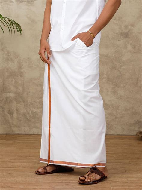 Men Cotton Blend Readymade Double Layer White Dhoti with Copper Jari Border