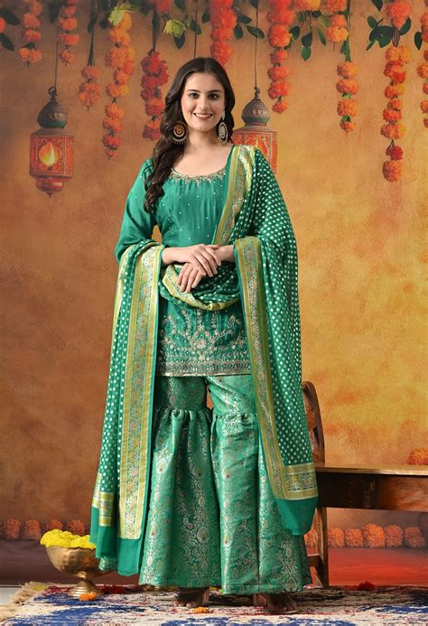 Green Sharara Set with Zardozi, Pearl, Sequin, Cutdana & Mirror Work ...
