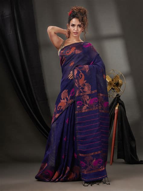 Midnight Blue Linen Handwoven Saree With Nakshi Borders – Charukriti