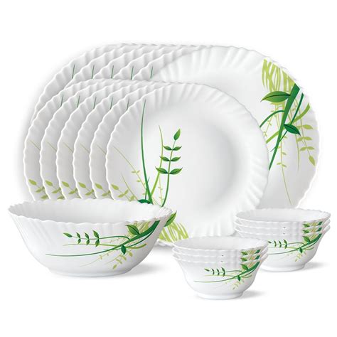 Larah by Borosil Fluted Series Green Herbs Opalware Dinner Set | 19 ...