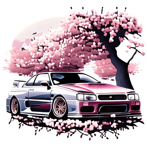 Japanese Nissan GTR R34 with Cherry Blossom Background · Creative Fabrica
