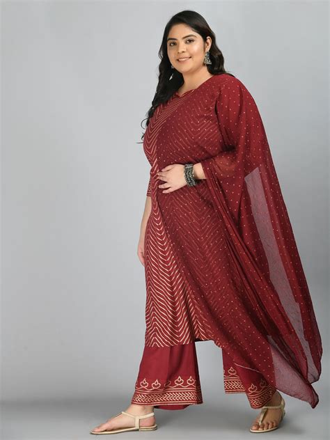 Plus Size Gorgeous Maroon and Gold Printed Kurta Palazzo Set with Dupa ...