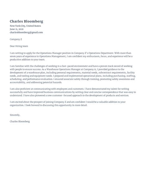 Image result for Operations Manager Cover Letter Sample