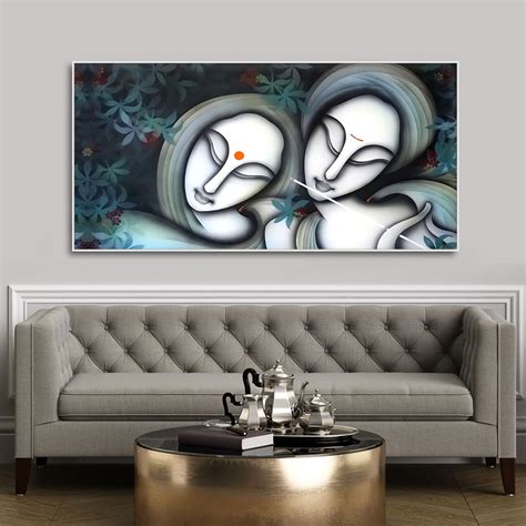 Radha Krishna Modern Grey Textured Canvas Wall Painting – Vibecrafts