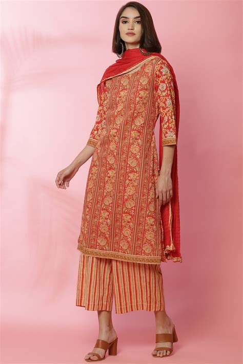 Red Cotton Straight Kurta Palazzo Suit Set at Biba India