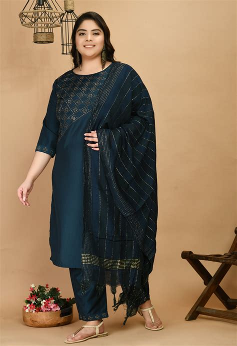 Plus Size Shimmering Teal Blue Swarovski Kurta Pant Set with Dupatta ...