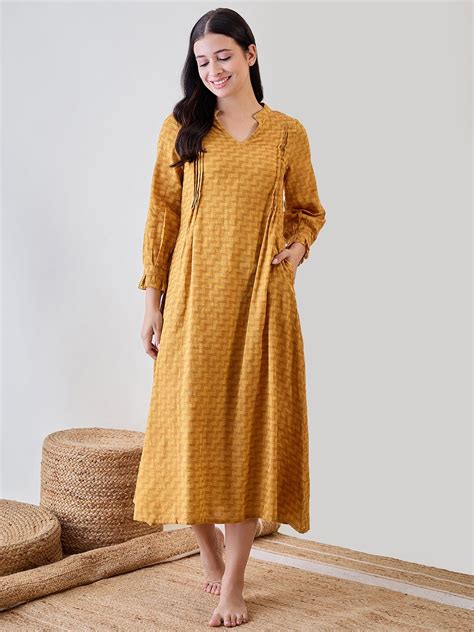 Buy Women Yellow Zig Zag Printed Cotton Nightdress Online - The Kaftan ...