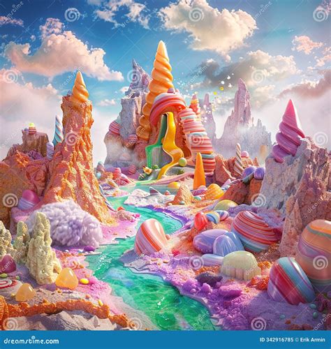 Candy Land Fantasy a Surreal Landscape with a Candy Volcano Stock ...