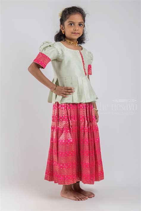 Pink Zig Zag Designer Pattu Pavadai | Green Silk Skirt | The Nesavu ...