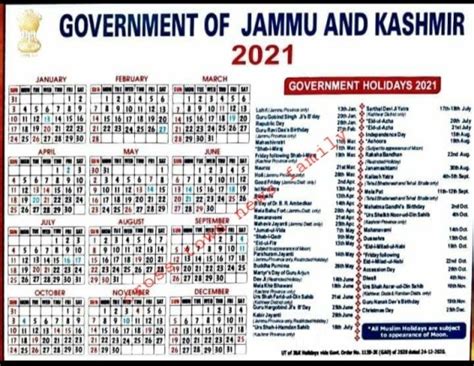 JK Govt issues calendar for year, 2021